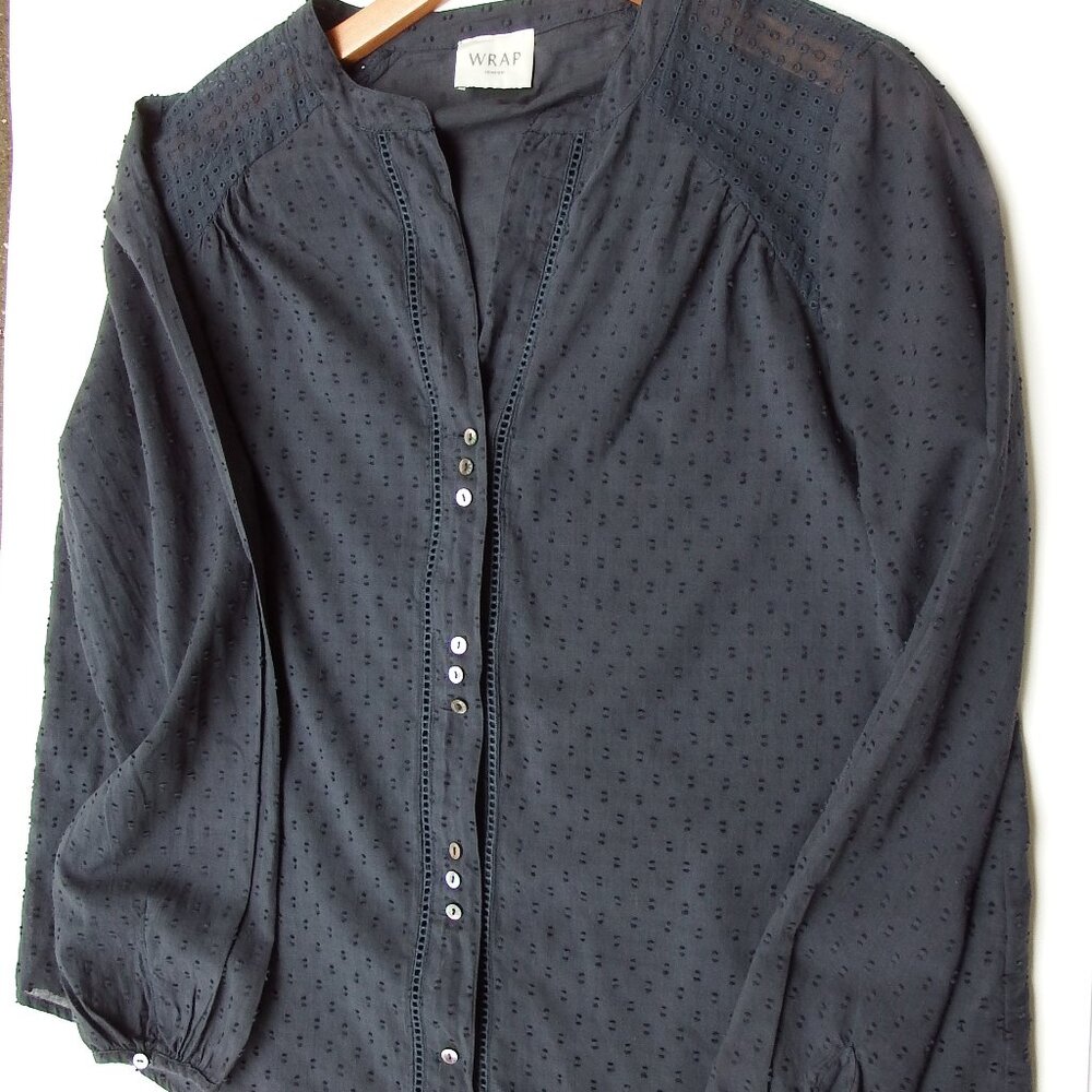 Wrap London Cotton Blouse Dotted Swiss Slate Gray Button Front US Size 10 XLNT